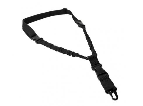 Adjustable deluxe single point bungee sling featuring three quick connect buckles and a metal spring clip. Heavy duty bungee shock cord inside the web tubing will absorb the shock of firearm bouncing when not shouldered. Bungee cord can also be used to provide additional support of the firearm onto the shooter's shoulder pocket. Metal spring loaded clip to quickly attach to a sling loop on a firearm. Shooter can quickly detach the sling from the firearm via any of the three quick connect buckles and to quickly re-attach the sling back onto the firearm. 1.25" webbing. The sling's overall length can be adjusted from 30" to 38". Weight: 6.6 oz. Available in multiple colors.